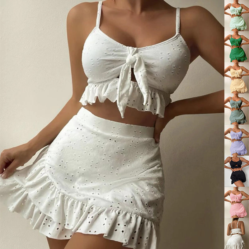 Bikini de playa de 3 piezas con falda ajustada a la cadera, diseño de volantes a la moda, conjunto de traje de baño, ropa de verano para mujer