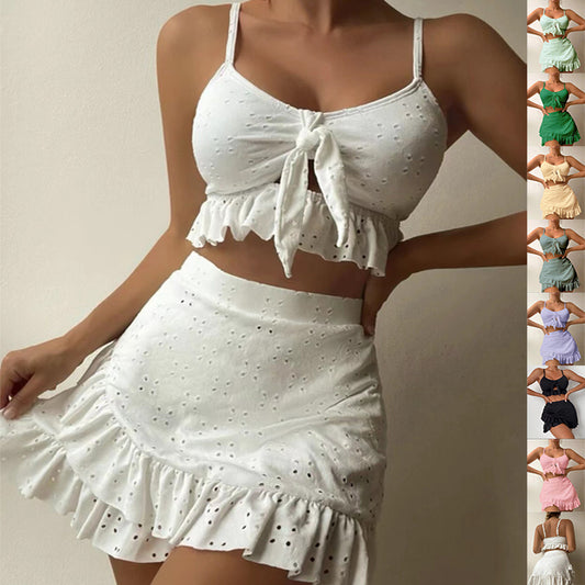 Akatonbo 3pcs Beach Bikini With Hip-Hugging Skirt Fashion Ruffle Design Swimsuit Set Summer Womens Clothing
