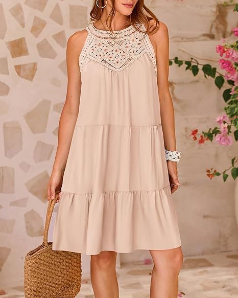 Robe d'été licou trapèze avec motifs floraux en dentelle ajourée, décontractée, ample, pour les vacances et la plage, pour femmes.