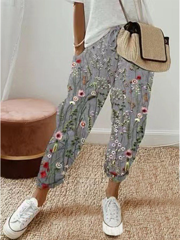 Pantalones casuales de algodón y lino estampados para mujer