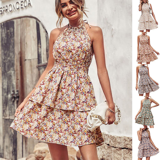 Akatonbo Summer Printed Halter Dress Fashion Boho Backless Ruffled A-Line Beach Dress