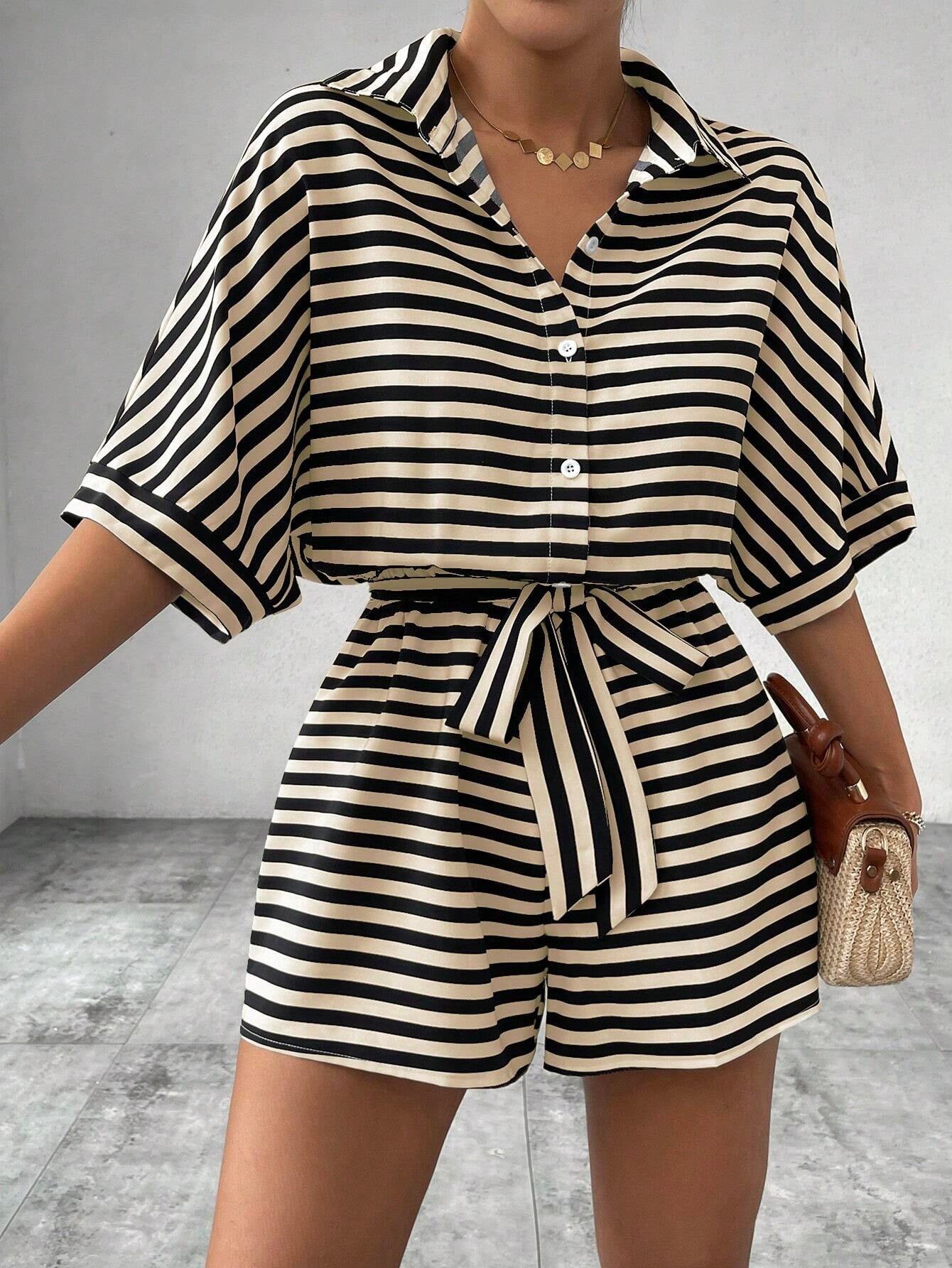 Striped Lapel Cardigan Button Half Sleeve Belt Shorts Suit Jumpsuit
