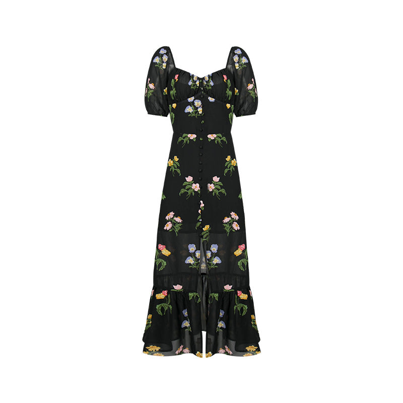 Vestido Floral Delgado de Cintura Alta de Moda Francesa para Mujer