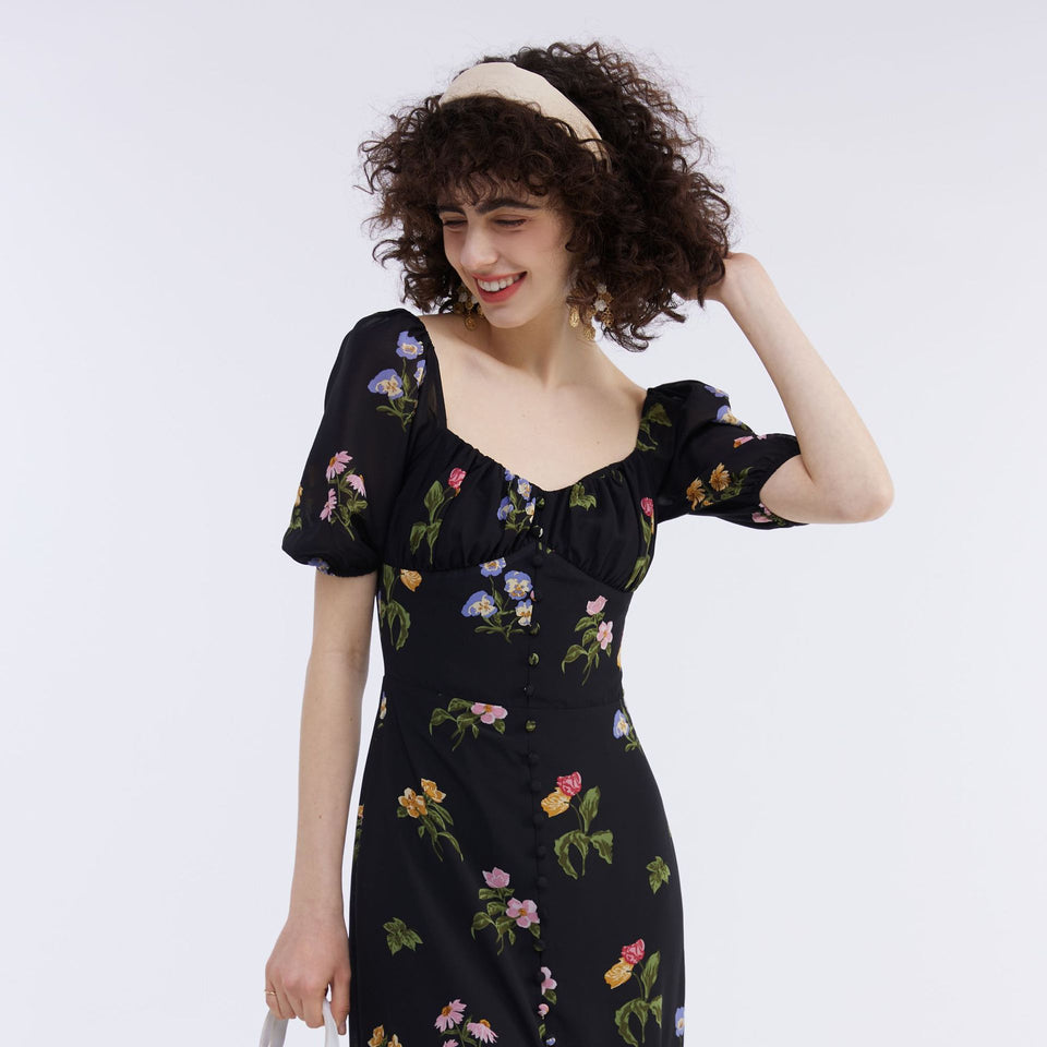 Women's Fashionable French High Waist Slim Floral Dress