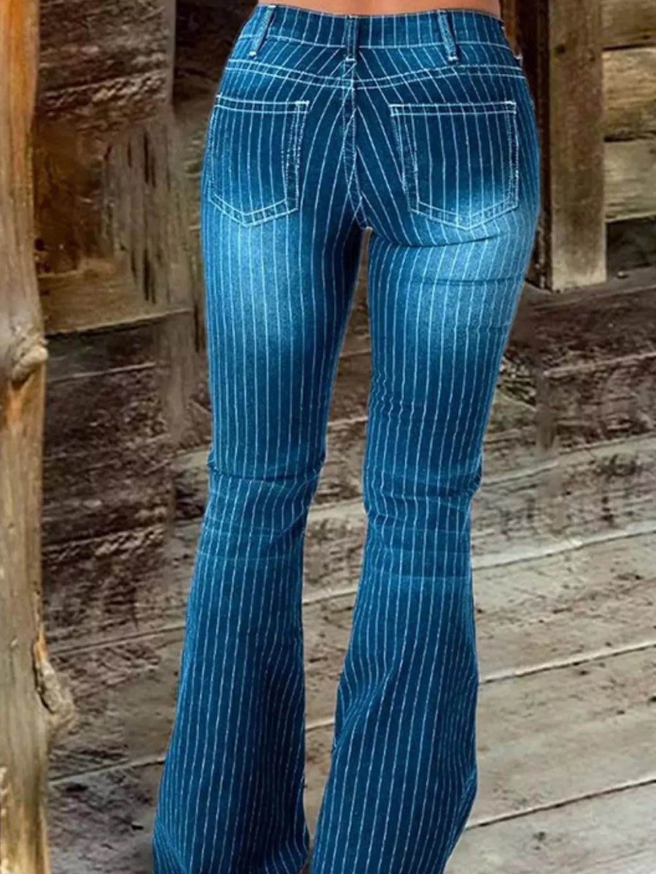 Shop Striped Button Fly Flare Jeans - Women's Fashion | Akatonbo