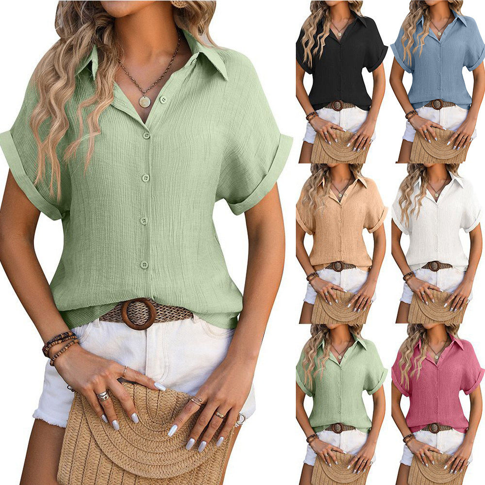 Haut à manches courtes avec bouton de revers, chemise plissée décontractée d'été pour vêtements féminins