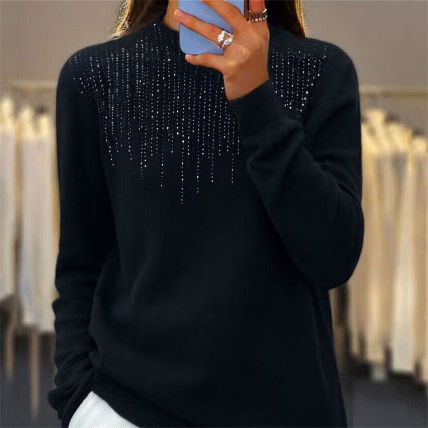 Akatonbo Women'S Pullover Sweater Half-High Collar With Diamonds