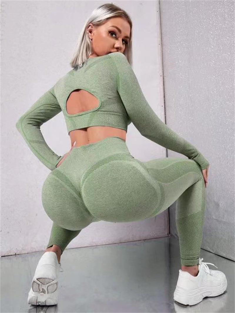 2 conjuntos deportivos de 2 piezas, tops de manga larga con diseño hueco y leggings deportivos de fitness sin costuras de cintura alta que levantan glúteos, ropa deportiva de gimnasio
