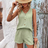 Women's Fashion Loose Sleeveless Solid Color Buttons Top Two-piece shorts Set
