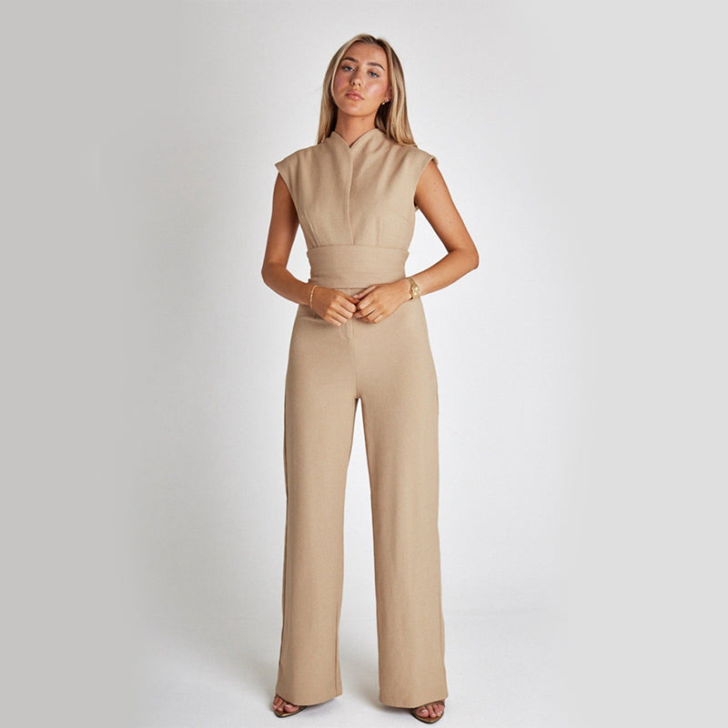 Elegant Sleeveless Jumpsuit Summer V-neck Casual Wide Leg Long Overalls