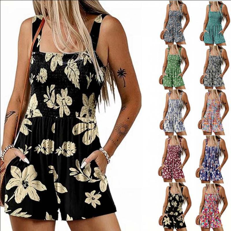 Combinaison Short Imprimé Floral Sans Manches Mode Été Plage