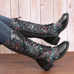 Flowers Print Long Boots WInter Retro Ethnic Style Shoes Lace-up Heeled Boots Women