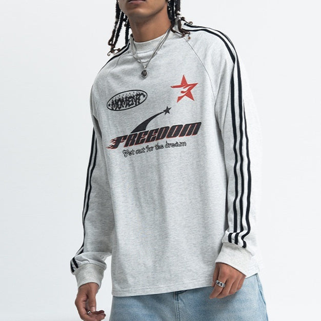 Letter Printed Raglan Three Bars Long Sleeve Bottoming Top Men