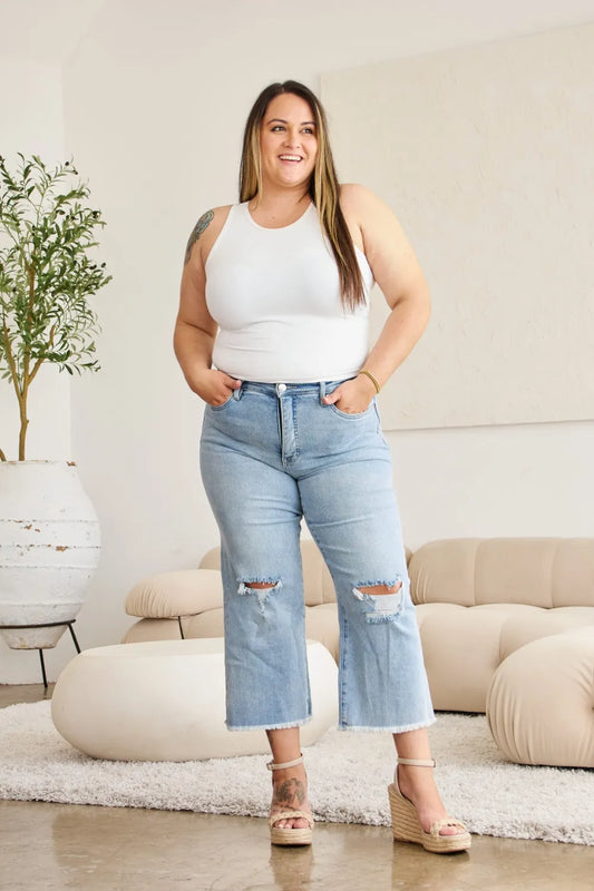Shop RFM Full Size Tummy Control High Waist Raw Hem Distressed Jeans - Women's Fashion | Akatonbo