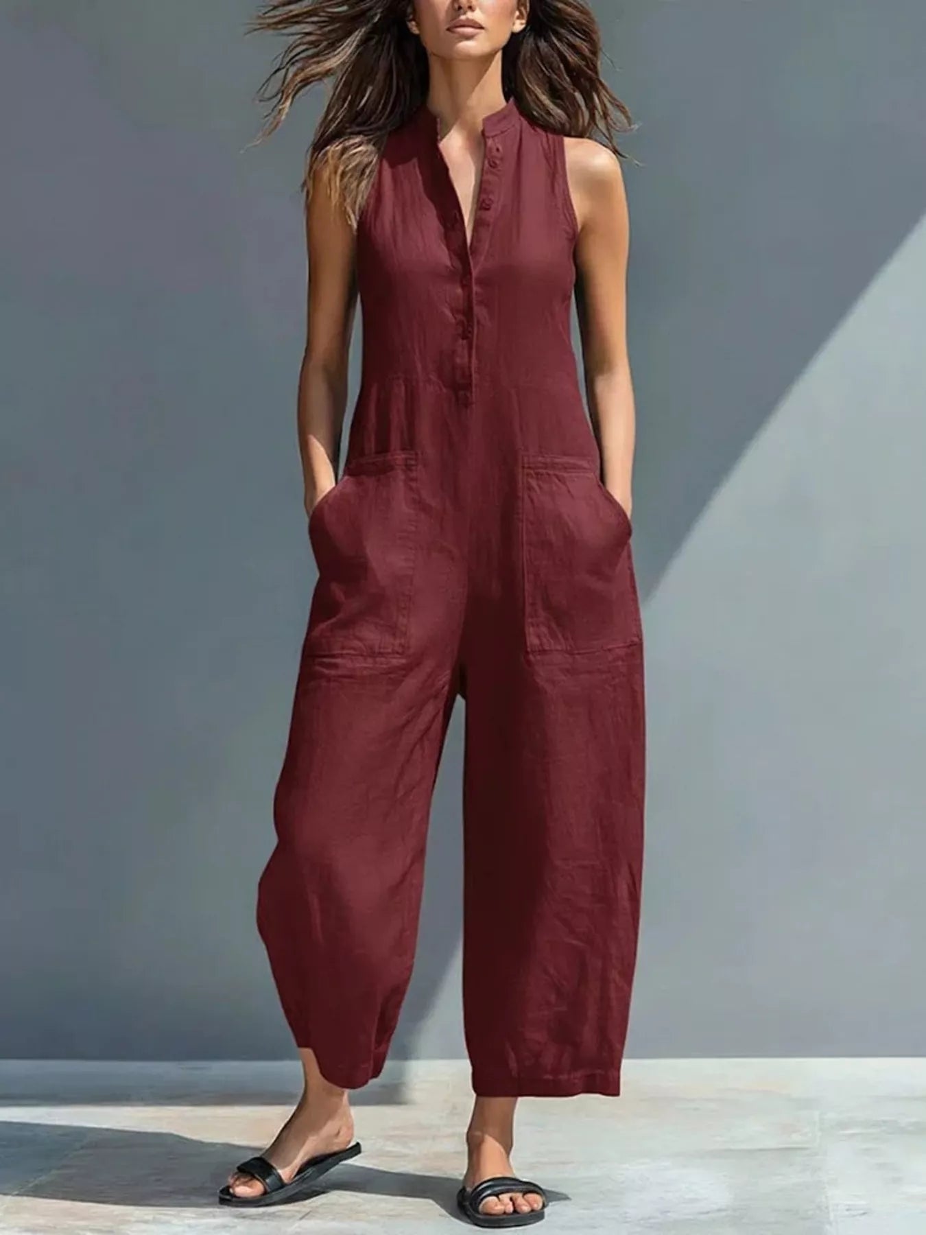 Shop Full Size Button Front Sleeveless Jumpsuit Plus Size - Women's Fashion | Akatonbo