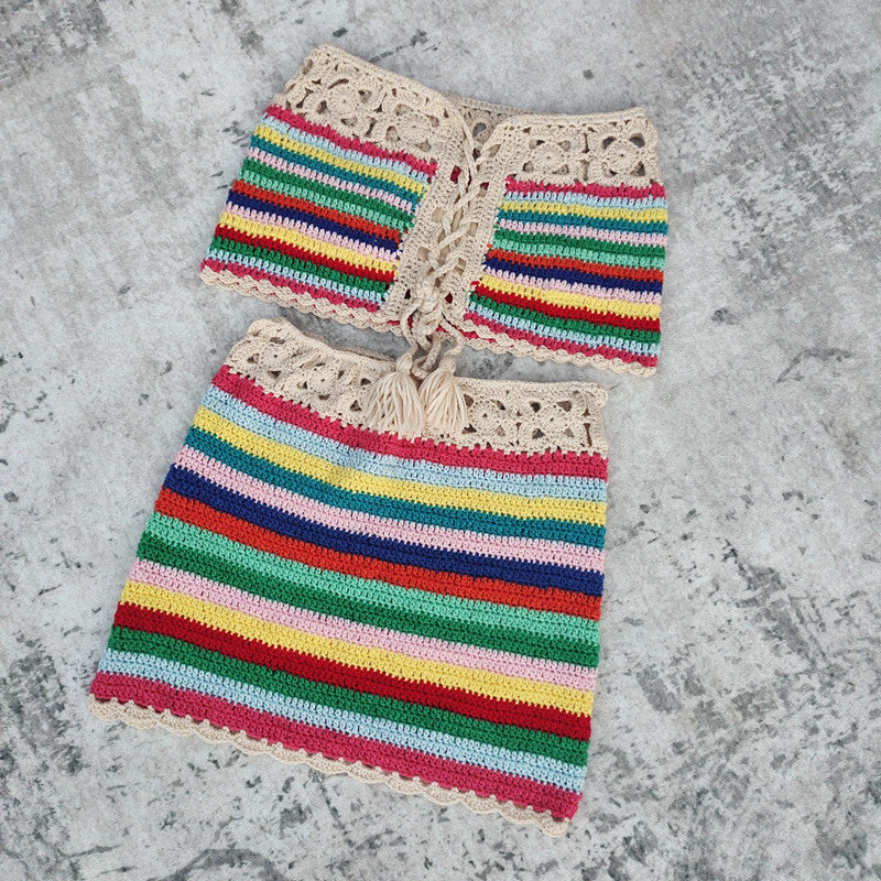 Bikini de ganchillo hecho a mano, faldas, minifaldas de playa a rayas, vestidos de baño