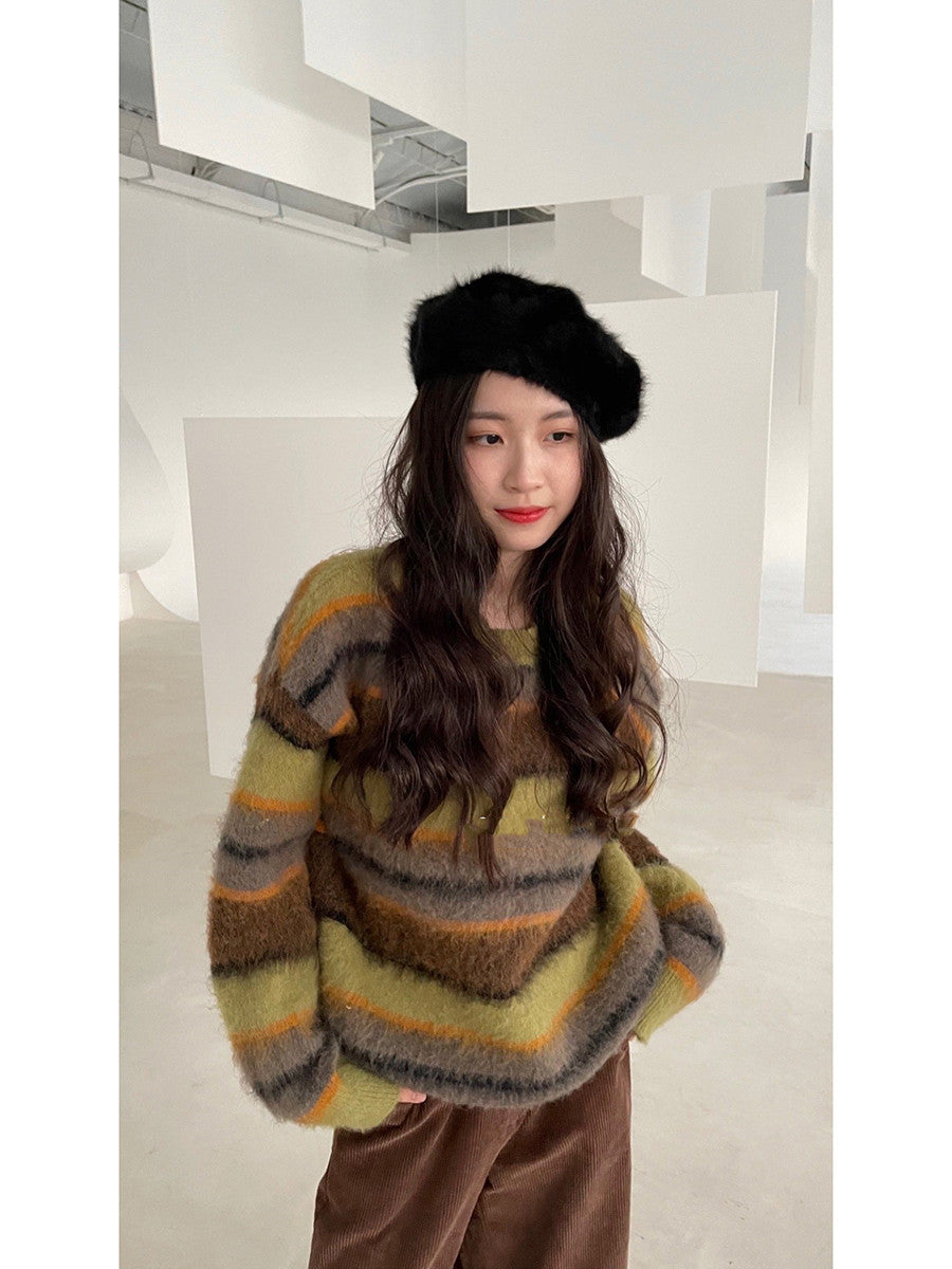 Women's Blue Striped Round Neck Loose Knitted Sweater