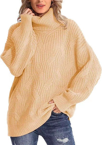 Women's Fashion Loose High Collar Twisted Knitted Sweater Pullover Long Sleeve