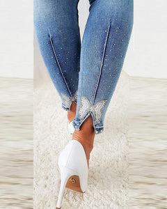 Women's Jeans Trendy High Waist Beaded Skinny Tapered Pants