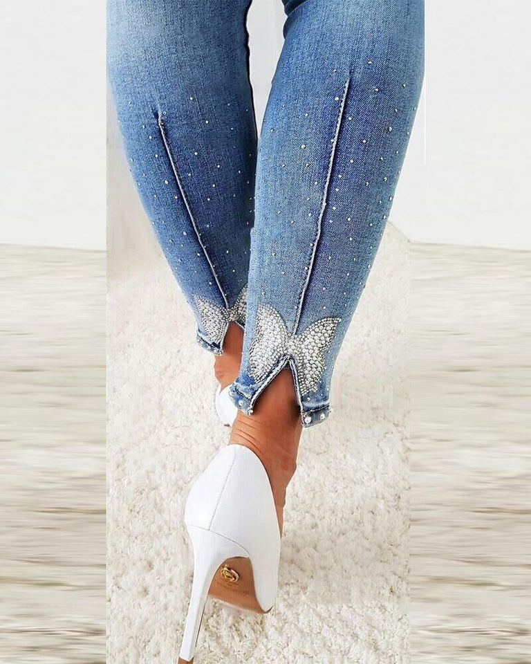 Women's Jeans Trendy High Waist Beaded Skinny Tapered Pants