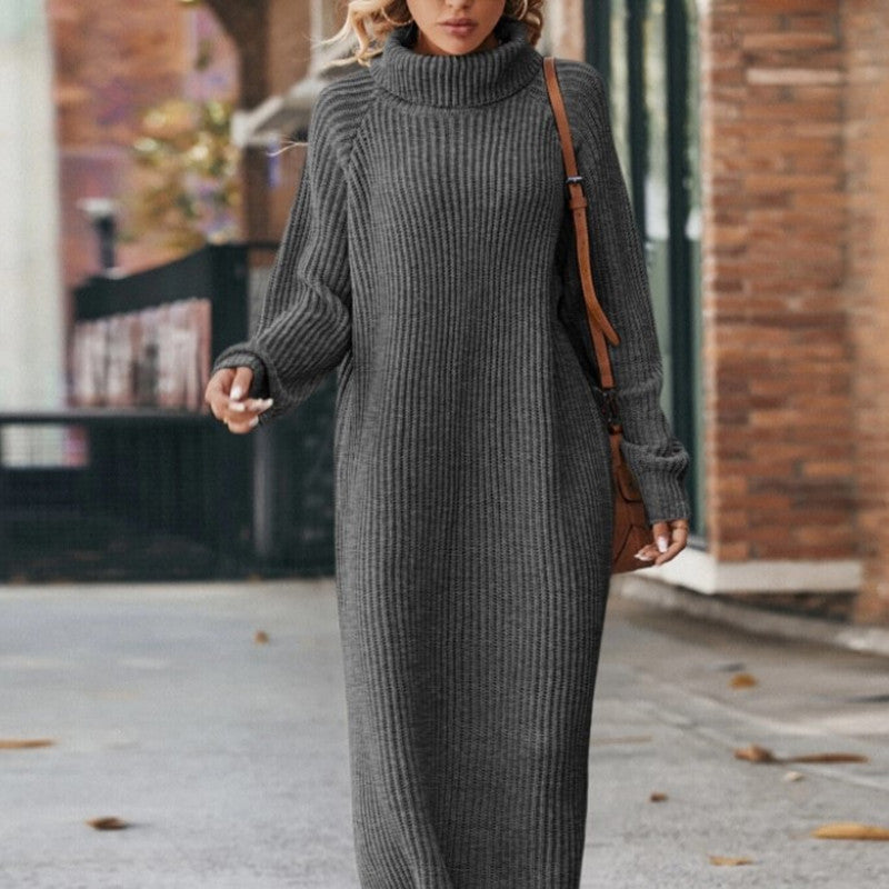 Long Below The Knee Loose High Collar Knitted Dress