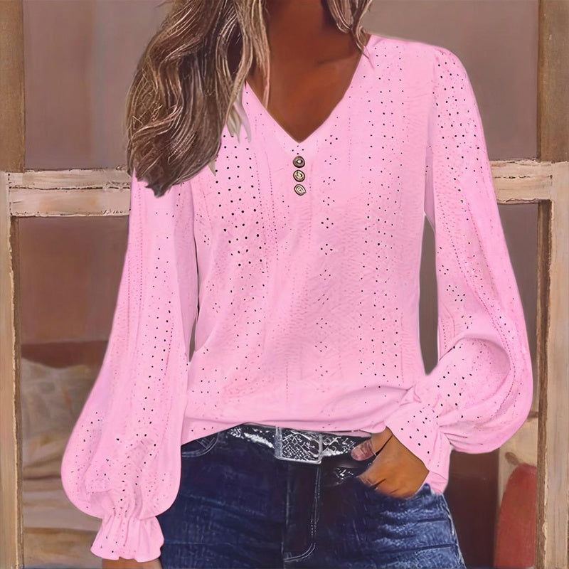 Plus Size Women's V-Neck Lantern Sleeve Lace Blouse