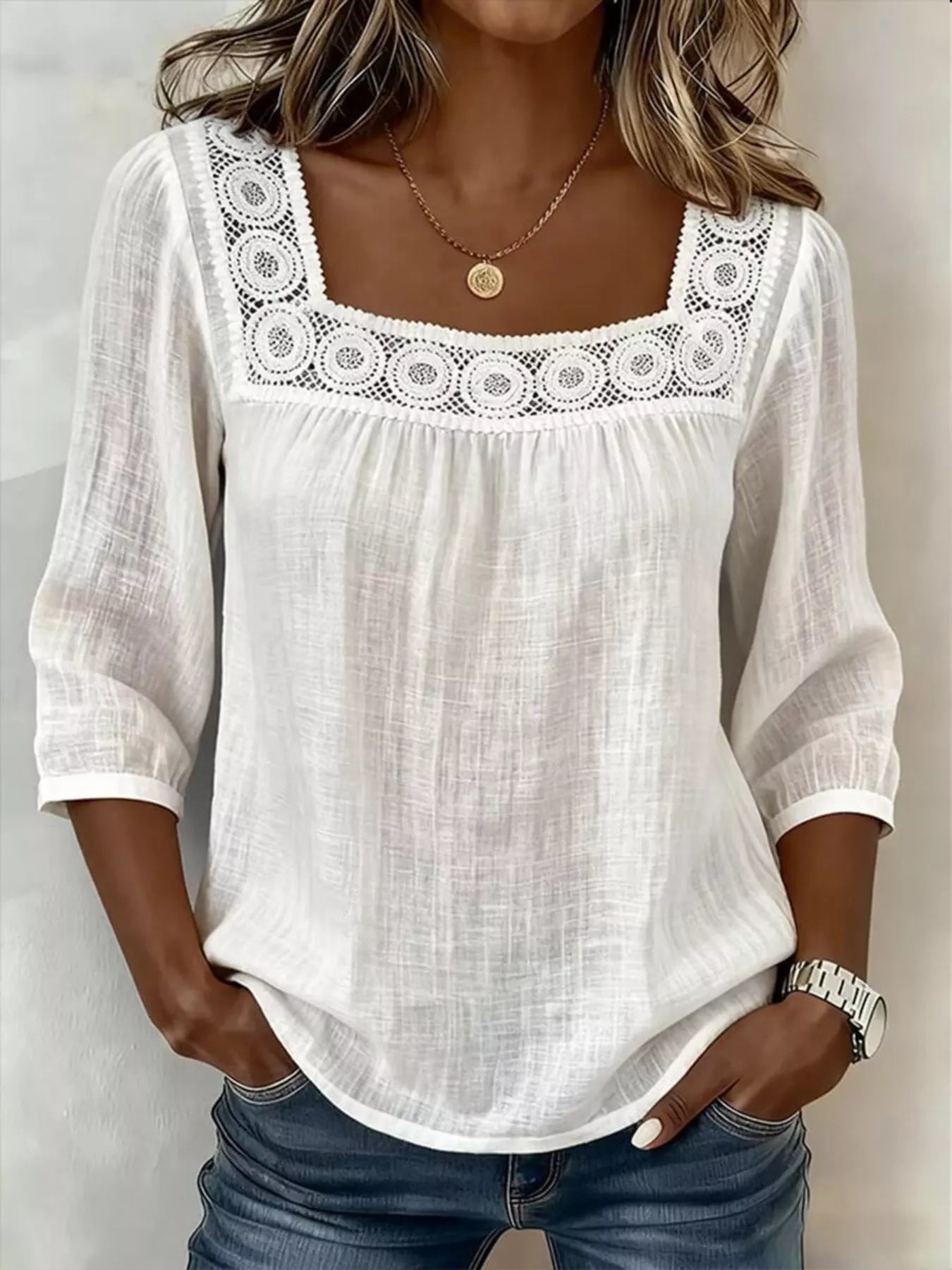 Shop Crochet Trim Square Neck Blouse - Women's Fashion | Akatonbo