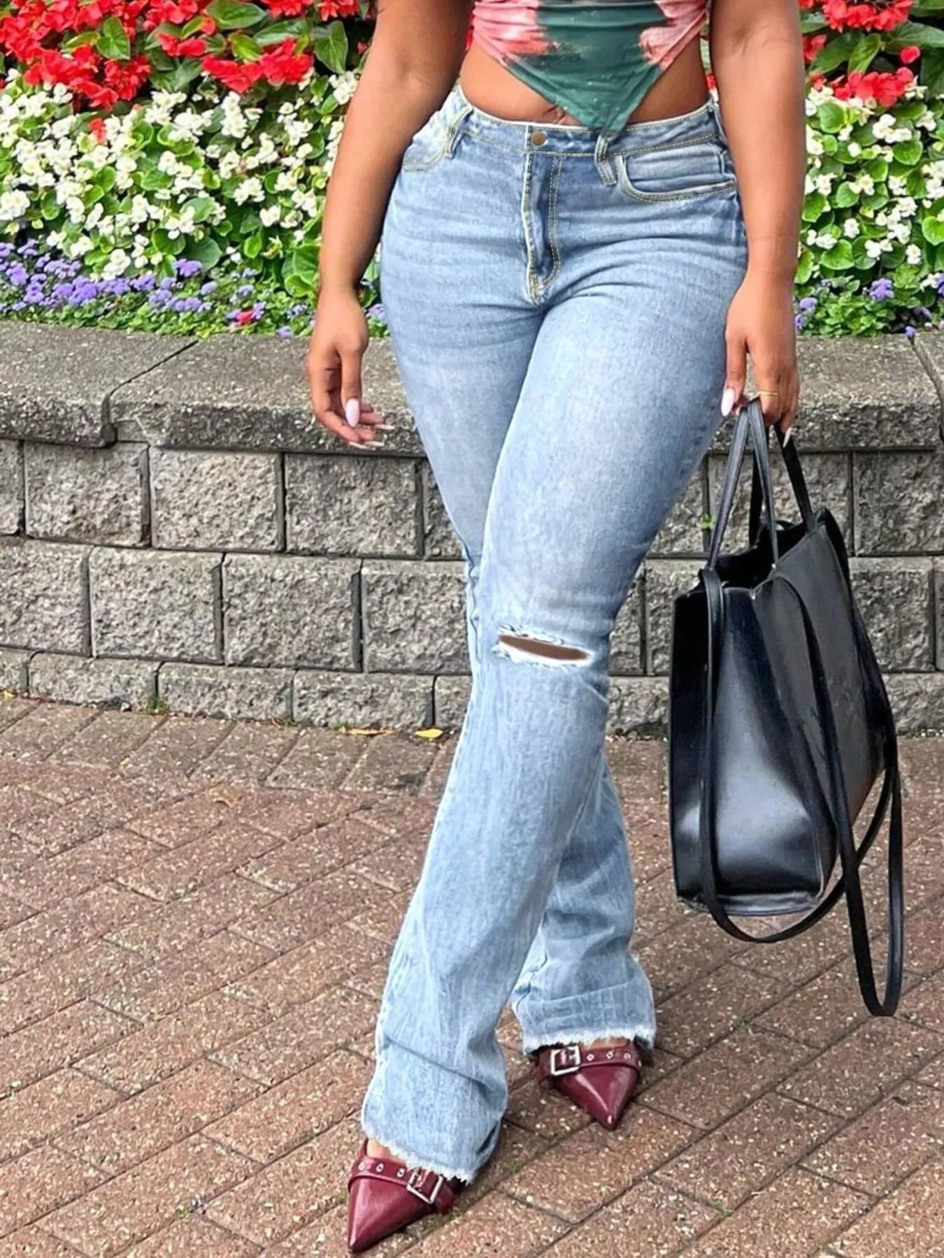 Shop Ripped Knee Flare Jeans - Women's Fashion | Akatonbo