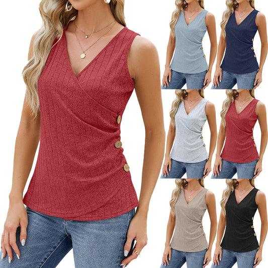 Akatonbo Fashion Vest With Button Design New Sleeveless V-Neck T-Shirt Solid Color Tank Tops Summer Women'S Clothing