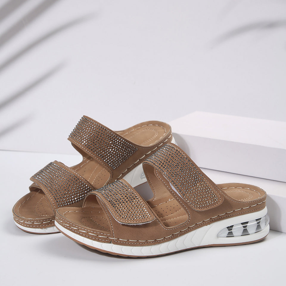 New Air Cushion Wedges Sandals Summer Casual Rhinestone Slides Roman Sandals For Women Non-slip Beach Shoes