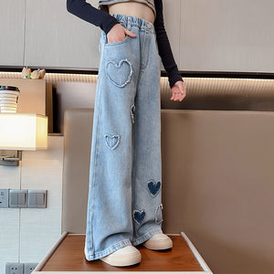 Girls' Love Raw Edge Denim Wide-leg Pants