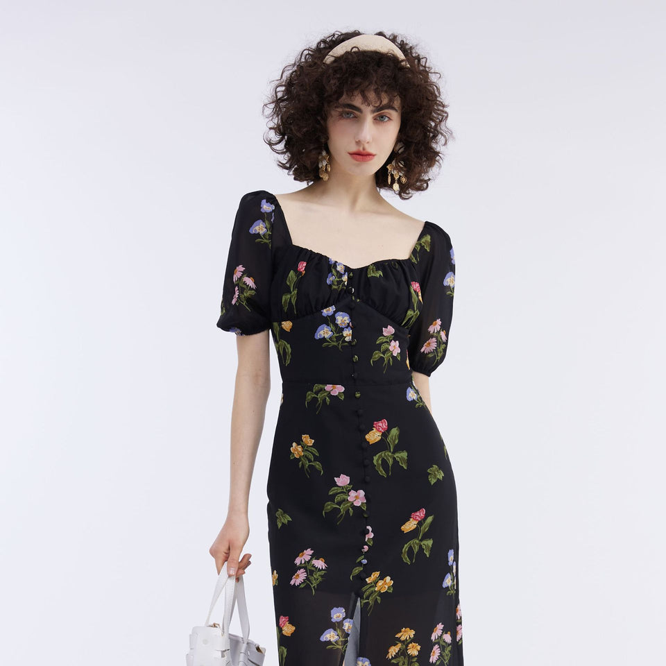 Women's Fashionable French High Waist Slim Floral Dress
