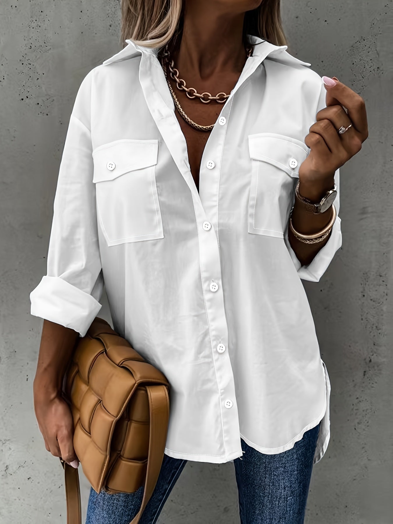 Camisa Sencilla de Manga Larga con Bolsillo, Casual