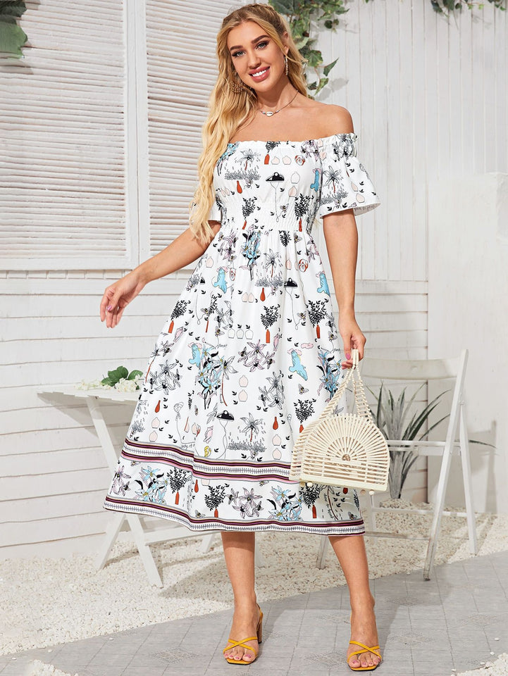 One-Line Neck Fitted Dress Printed Swing Skirt