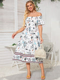 One-Line Neck Fitted Dress Printed Swing Skirt