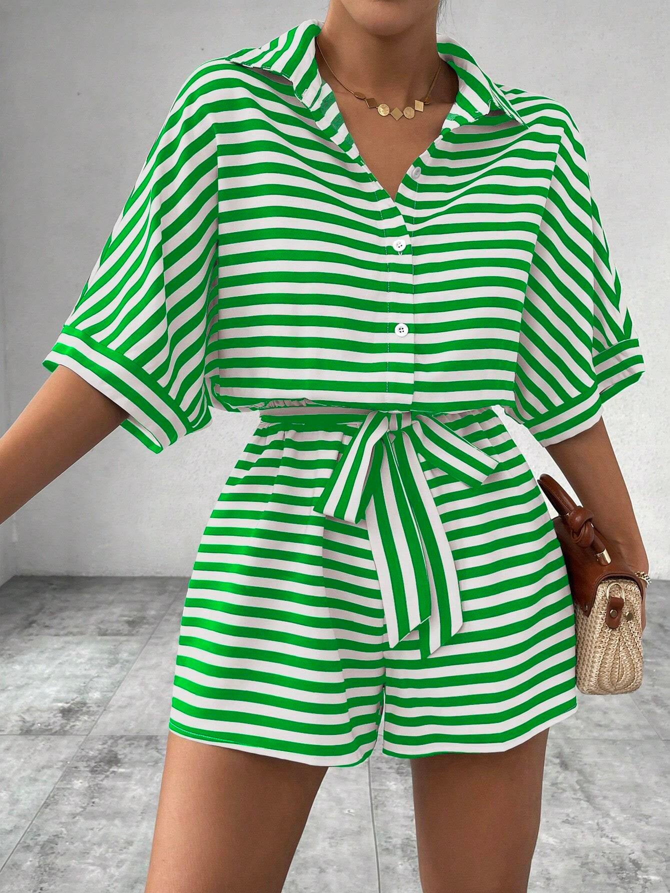 Striped Lapel Cardigan Button Half Sleeve Belt Shorts Suit Jumpsuit