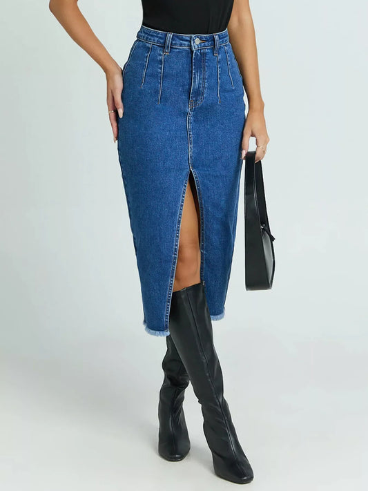 Shop High-Waisted Slit Denim Skirt - Women's Fashion | Akatonbo