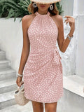 Summer Halter Neck Printed Dress With Tied-Waist Design Ladies Dress