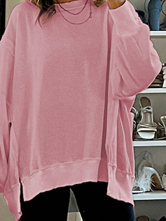 Akatonbo Boho Retro Vintage 90'S Cotton Vanilla Beige Pink Drop Shoulder Oversized Bishop Sleeve Side Slit Knit Top Crinkled Patchwork Sweat Shirt Pullover