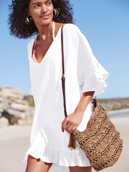 Shop Ruffled Trim V-Neck Cover-Up Dress - Women's Fashion | Akatonbo
