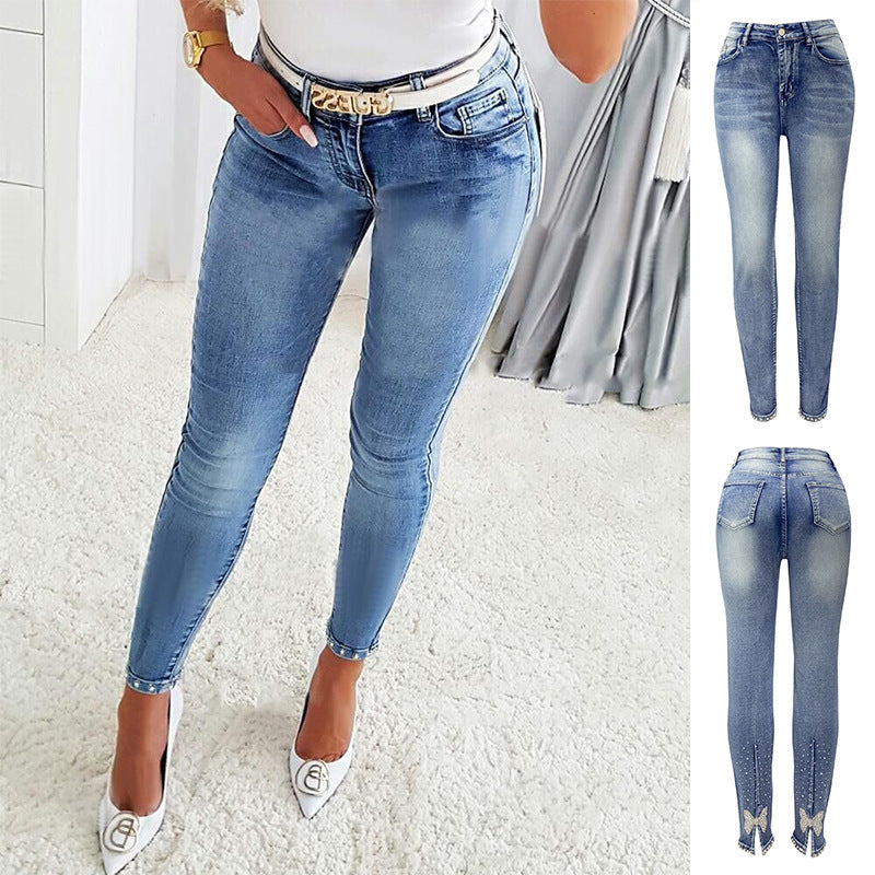 Women's Jeans Trendy High Waist Beaded Skinny Tapered Pants