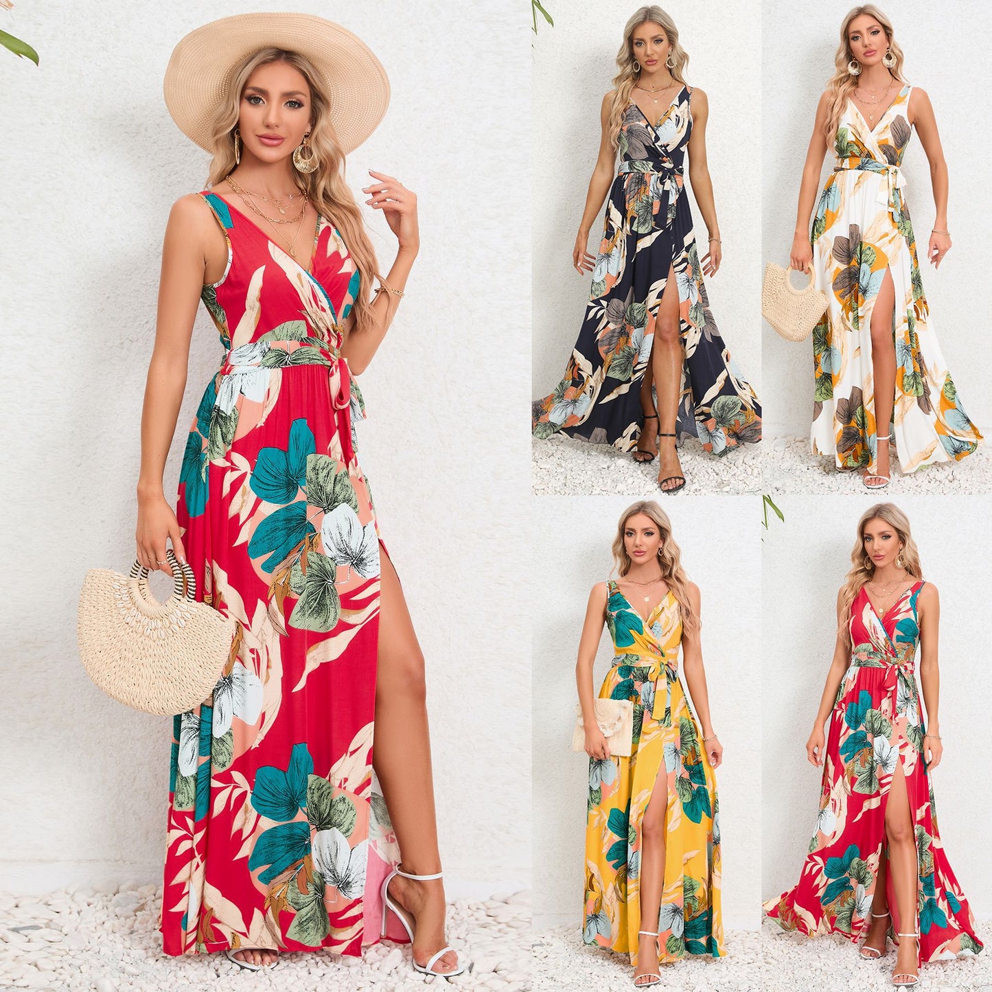 Akatonbo V-Neck Floral Print Long Dress Summer Fashion Waist Tie Slit Design Sleeveless Dress For Womens Clothing