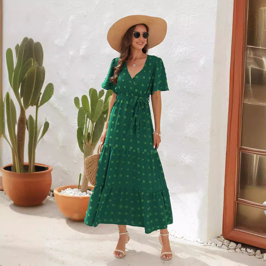 Akatonbo Summer V-Neck Short Sleeve Dress Fashion Fur-Ball Design Tied High Waist Long Long Dresses