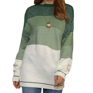 Women's Gradient Striped Color Matching Sweater Loose Green Sweater