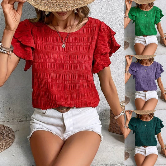 Akatonbo Summer Ruffled Short-Sleeved T-Shirt Casual Round Neck Pleated Design Top For Women Clothing