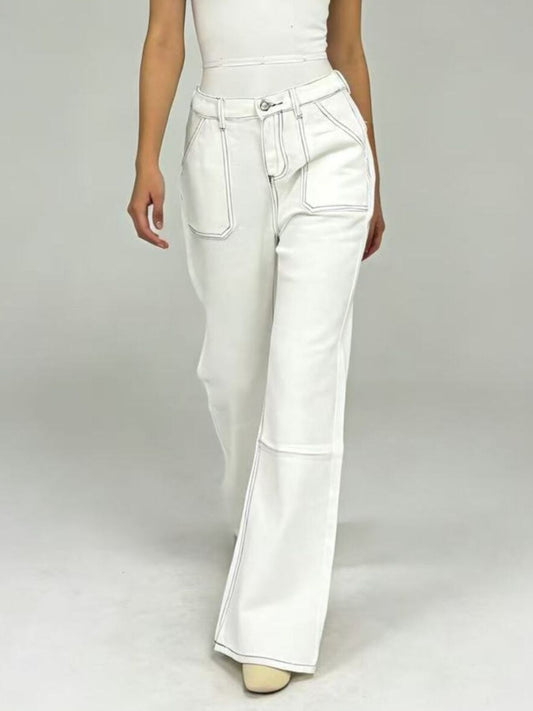 Shop Wide Leg Contrast Stitching Jeans - Women's Fashion | Akatonbo