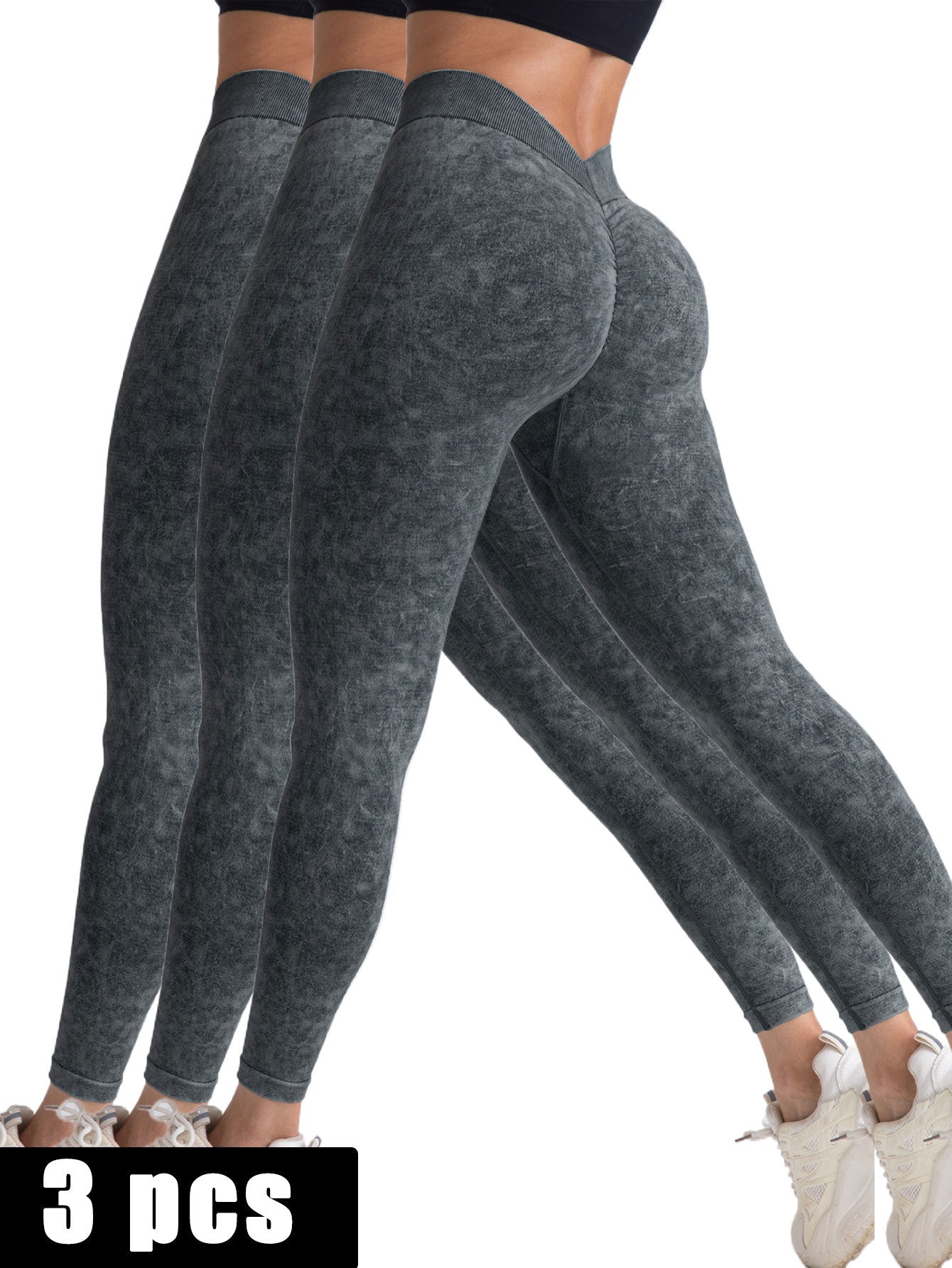 Lot de 3 leggings d'entraînement avec fesses froncées en V, leggings de yoga sans couture pour femmes, taille haute, pour gym et yoga, leggings de yoga taille haute et actifs