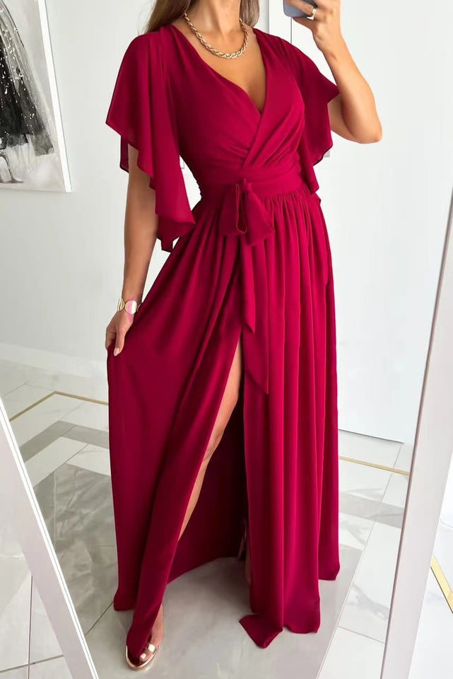 Solid Color Bell Sleeve Loose V-neck Mop Dress