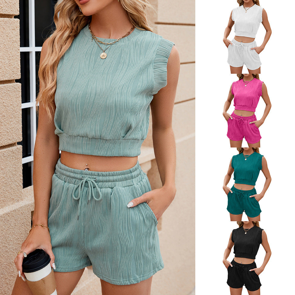 Traje de diseño con patrón de onda de color sólido para mujer, top sin mangas de cuello redondo informal y pantalones cortos con diseño de cordón, conjunto de moda de 2 piezas para verano.