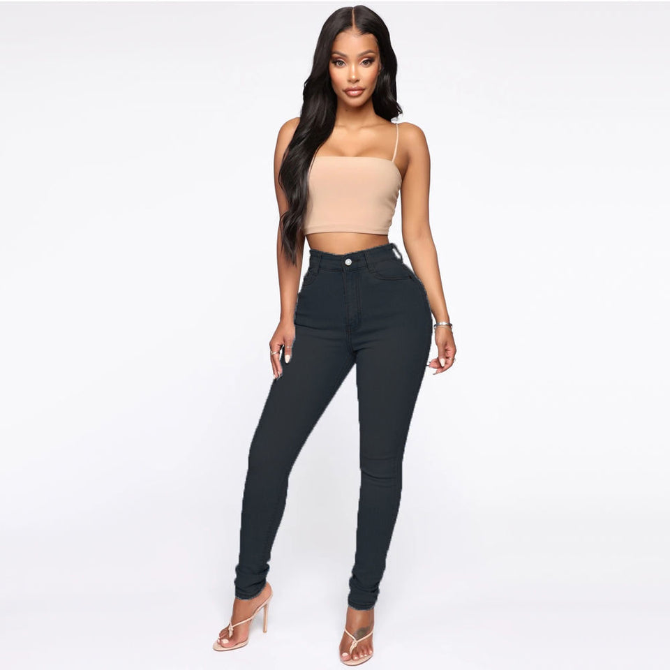 Fitted Jeans Pants For Women High Waist Trousers With Pockets
